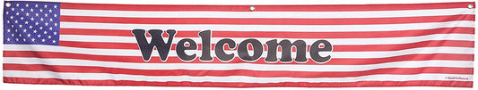 Quarterhouse English Welcome Banner for ESL Classrooms, Bilingual Businesses, Special Events - Flag of The United States (Red, White & Blue) Background - Polyester, 60 x 10 Inches