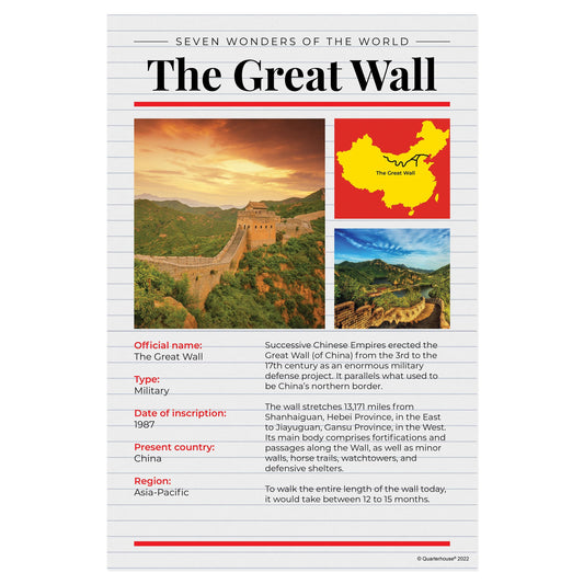 Quarterhouse 7 Wonders - The Great Wall Poster, Social Studies Classroom Materials for Teachers