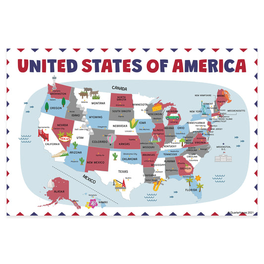 Quarterhouse Map of the United States of America Poster, Social Studies Classroom Materials for Teachers