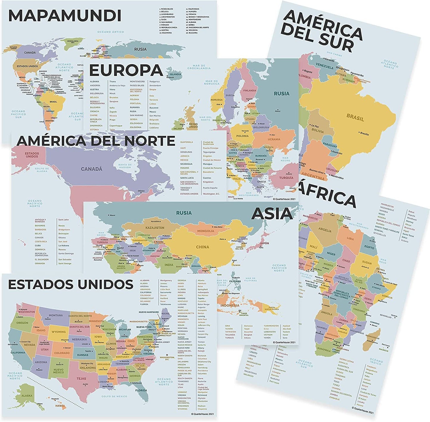 Quarterhouse English-Spanish Educational Map Poster Set, Classroom Learning Materials for K-12 Students and Teachers, Double-Sided, Set of 7, 12 x 18 Inches, Extra Durable