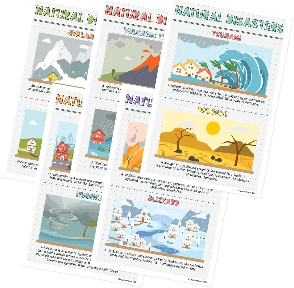 Quarterhouse Natural Disasters Poster Set, Science Classroom Learning Materials for K-12 Students and Teachers, Set of 5, 12 x 18 Inches, Extra Durable