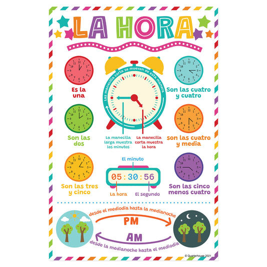 Quarterhouse Beginner Spanish - Time Poster, Spanish and ESL Classroom Materials for Teachers