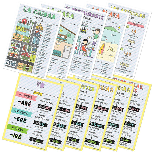 Quarterhouse Spanish Verbs & Beginner Vocabulary (Set C) Poster Set, Spanish Classroom Learning Materials for K-12 Students and Teachers, Set of 11, 12 x 18 Inches, Extra Durable