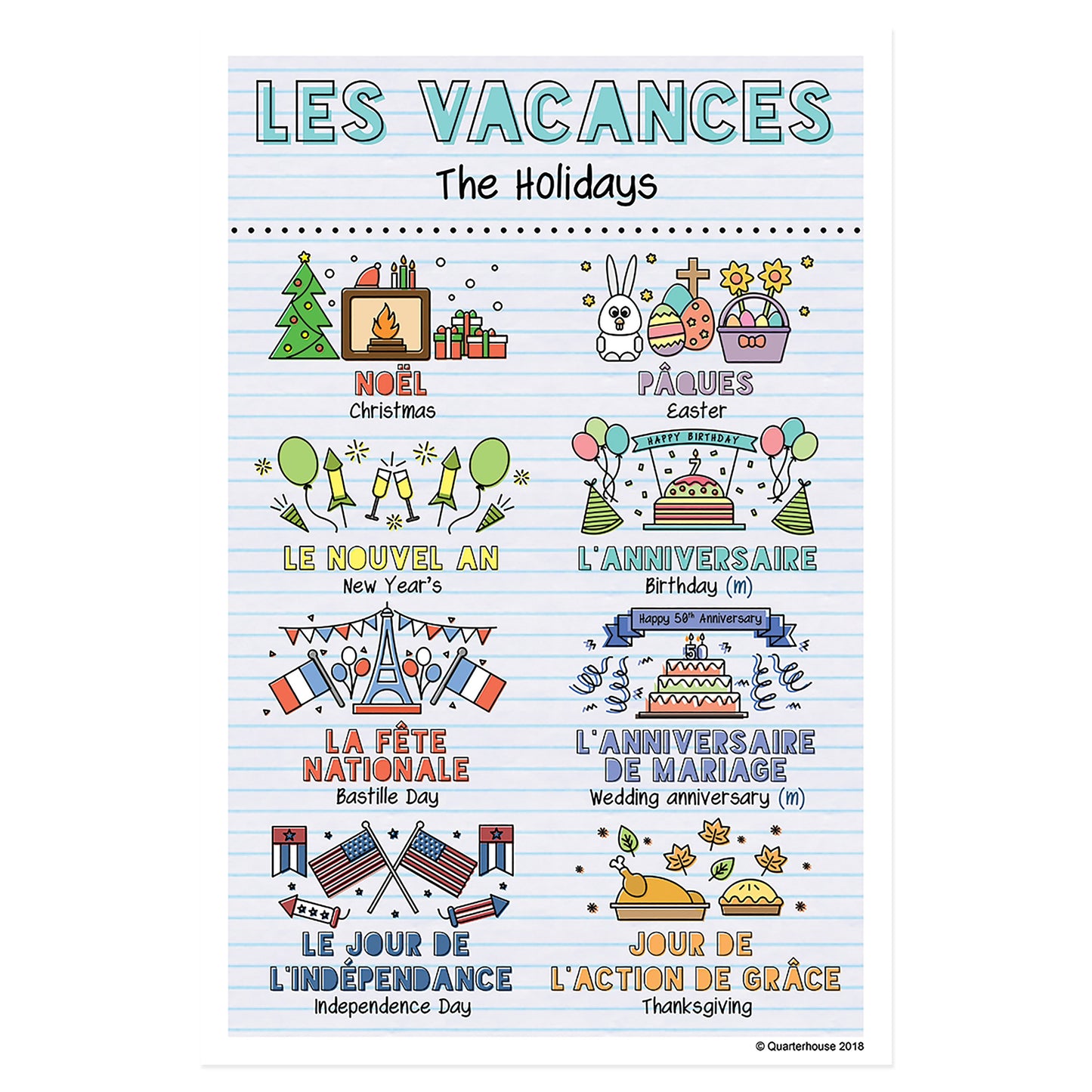 Quarterhouse French Vocabulary - Holidays Poster, French and ESL Classroom Materials for Teachers