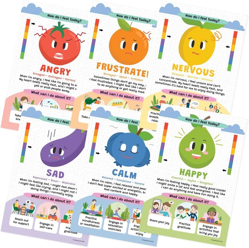 Quarterhouse Feeling Scales Poster Set, Psychology Classroom Learning Materials for K-12 Students and Teachers, Set of 6, 12x18, Extra Durable