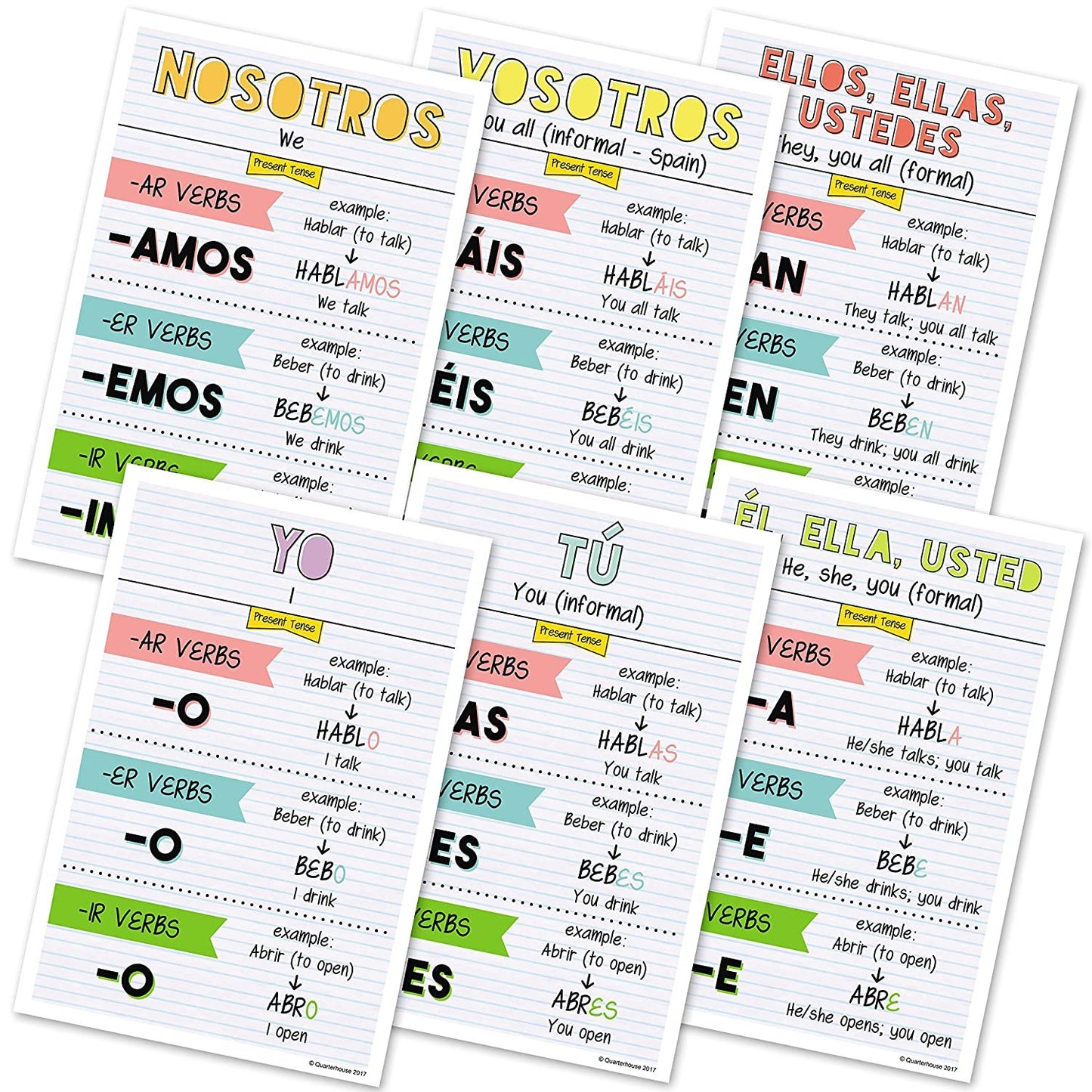 Quarterhouse Spanish Present-Tense Verb Conjugation (Light-Themed) Poster Set, Spanish Classroom Learning Materials for K-12 Students and Teachers, Set of 6, 12 x 18 Inches, Extra Durable