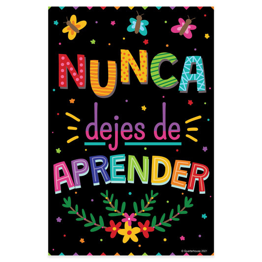 Quarterhouse 'Never Stop Learning' Spanish Motivational (Dark-Themed) Poster, Spanish and ESL Classroom Materials for Teachers
