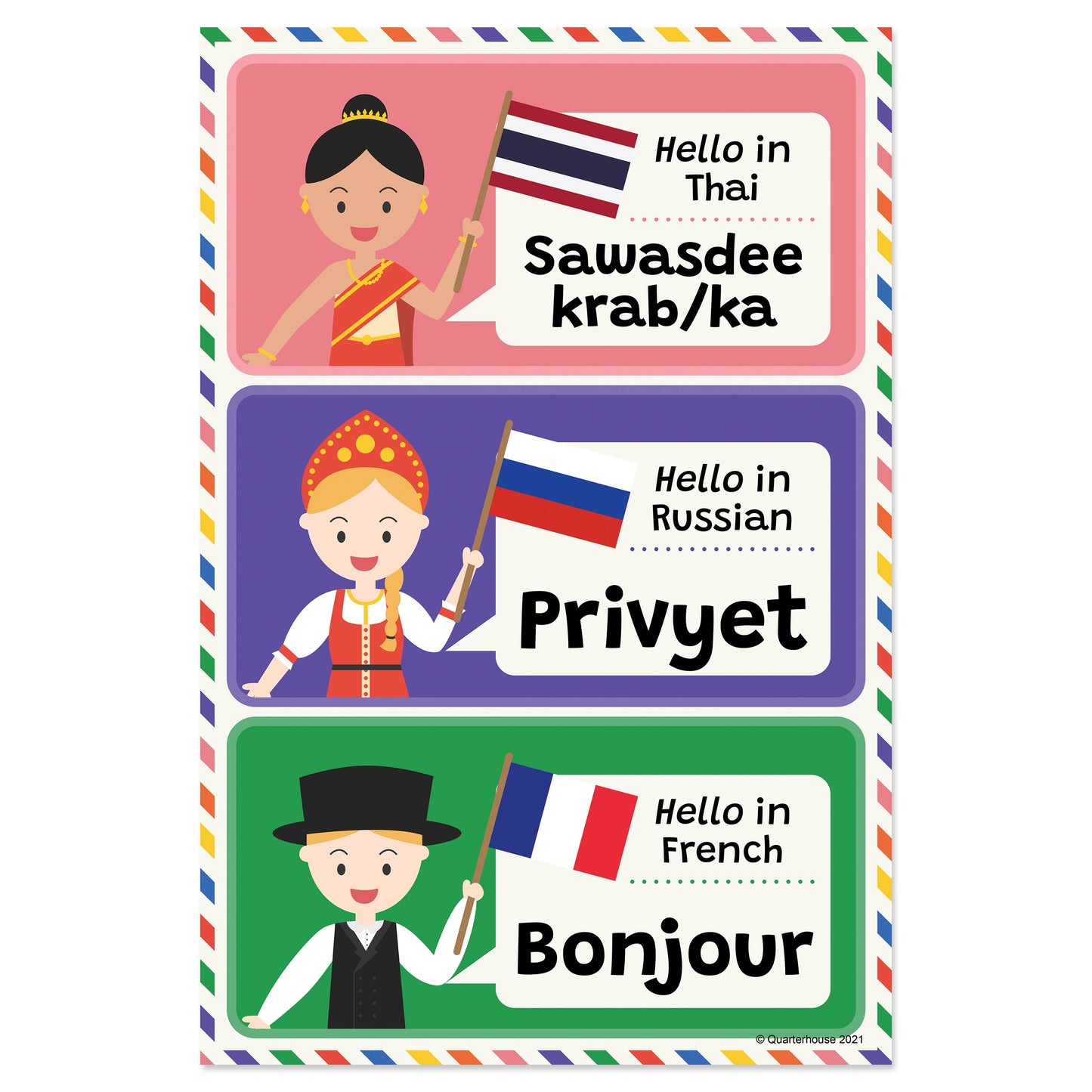 Quarterhouse Hello in Thai, Russian, and French Poster, Foreign Language Classroom Materials for Teachers