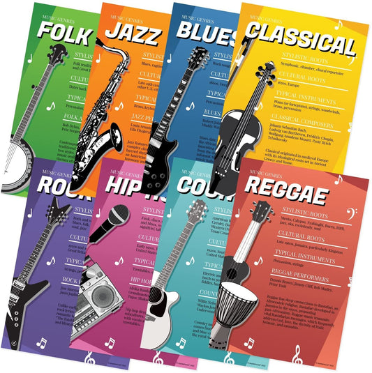 Quarterhouse Music Genres Poster Set, Music Classroom Learning Materials for K-12 Students and Teachers, Set of 8, 12 x 18 Inches, Extra Durable