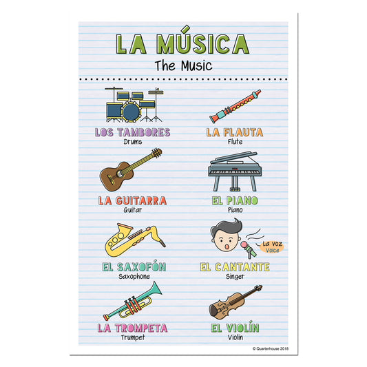Quarterhouse Spanish Vocabulary - Music Poster, Spanish and ESL Classroom Materials for Teachers