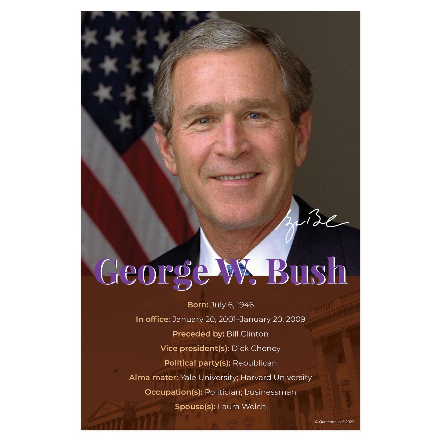 Quarterhouse President George W. Bush Biographical Poster, Social Studies Classroom Materials for Teachers