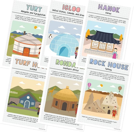 Quarterhouse Homes Around the World Poster Set, Social Studies Classroom Learning Materials for K-12 Students and Teachers, Set of 6, 12 x 18 Inches, Extra Durable
