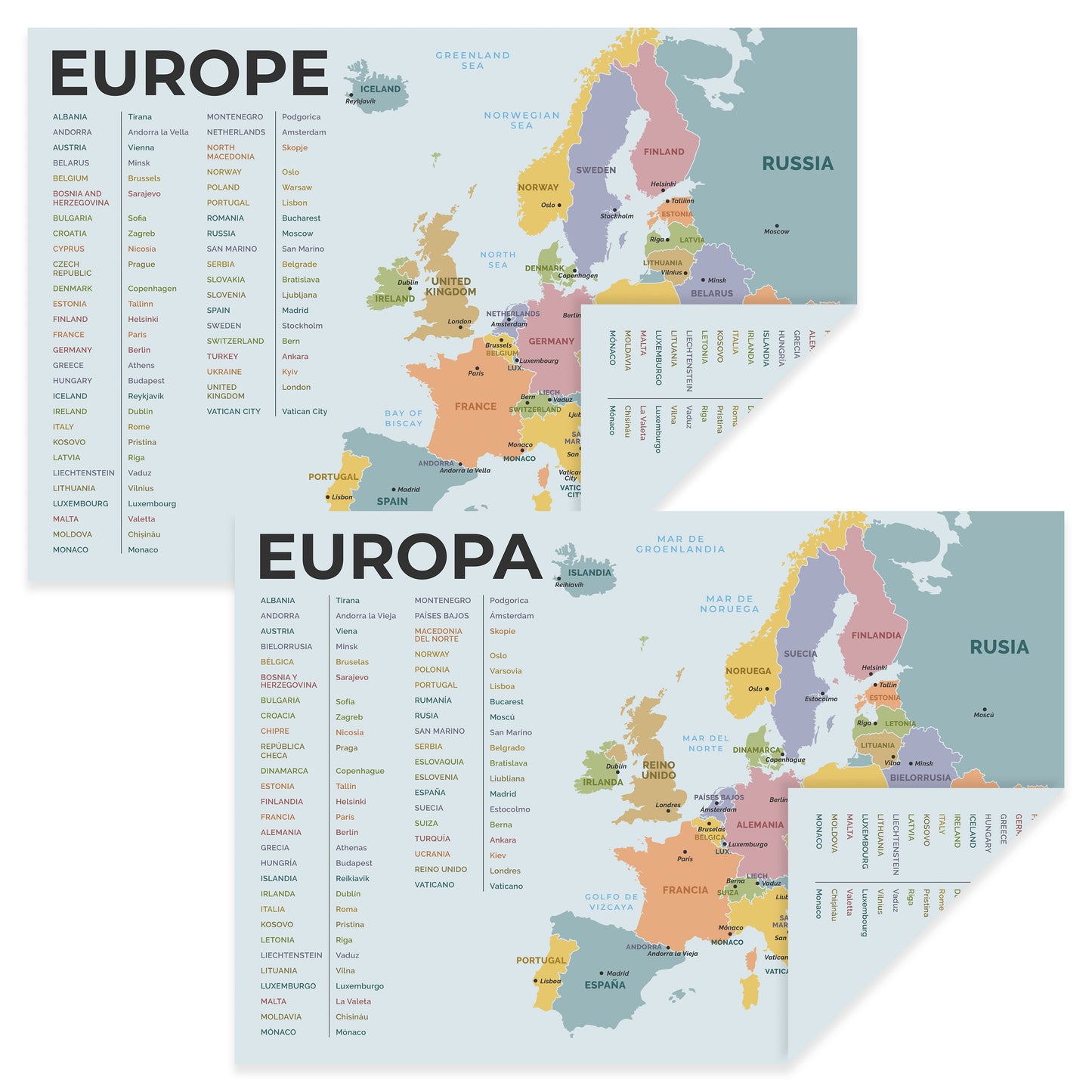 Quarterhouse English-Spanish Educational Map - Europe (Europa) Poster, Spanish and ESL Classroom Materials for Teachers