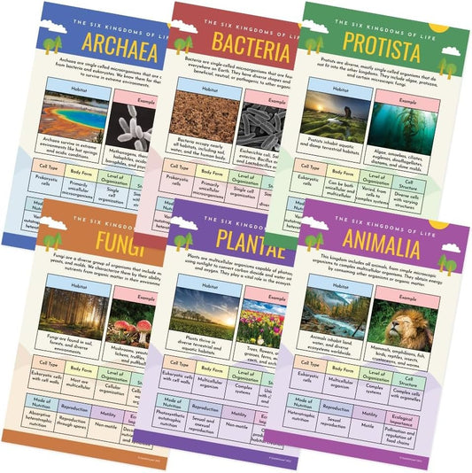 Quarterhouse Six Kingdoms of Biology Poster Set, Science Classroom Learning Materials for K-12 Students and Teachers, Set of 6, 12x18, Extra Durable