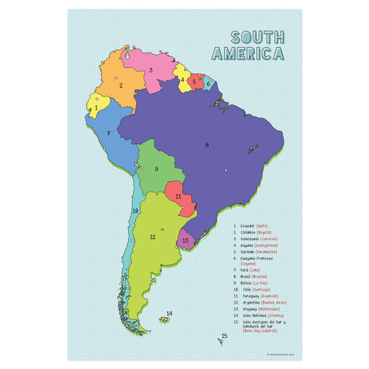 Quarterhouse Spanish Language Country Maps - South American Countries and Capitals Poster, Spanish and ESL Classroom Materials for Teachers