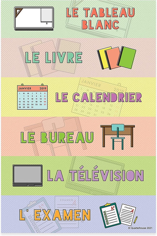 Quarterhouse Common Classroom Items (French) Poster Set, French - ESL Classroom Learning Materials for K-12 Students and Teachers, Set of 4, 12 x 18 Inches, Extra Durable