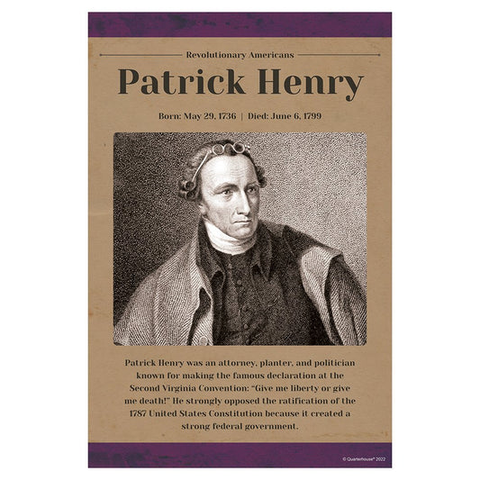 Quarterhouse Patrick Henry Revolutionary Americans Biographical Poster, Social Studies Classroom Materials for Teachers