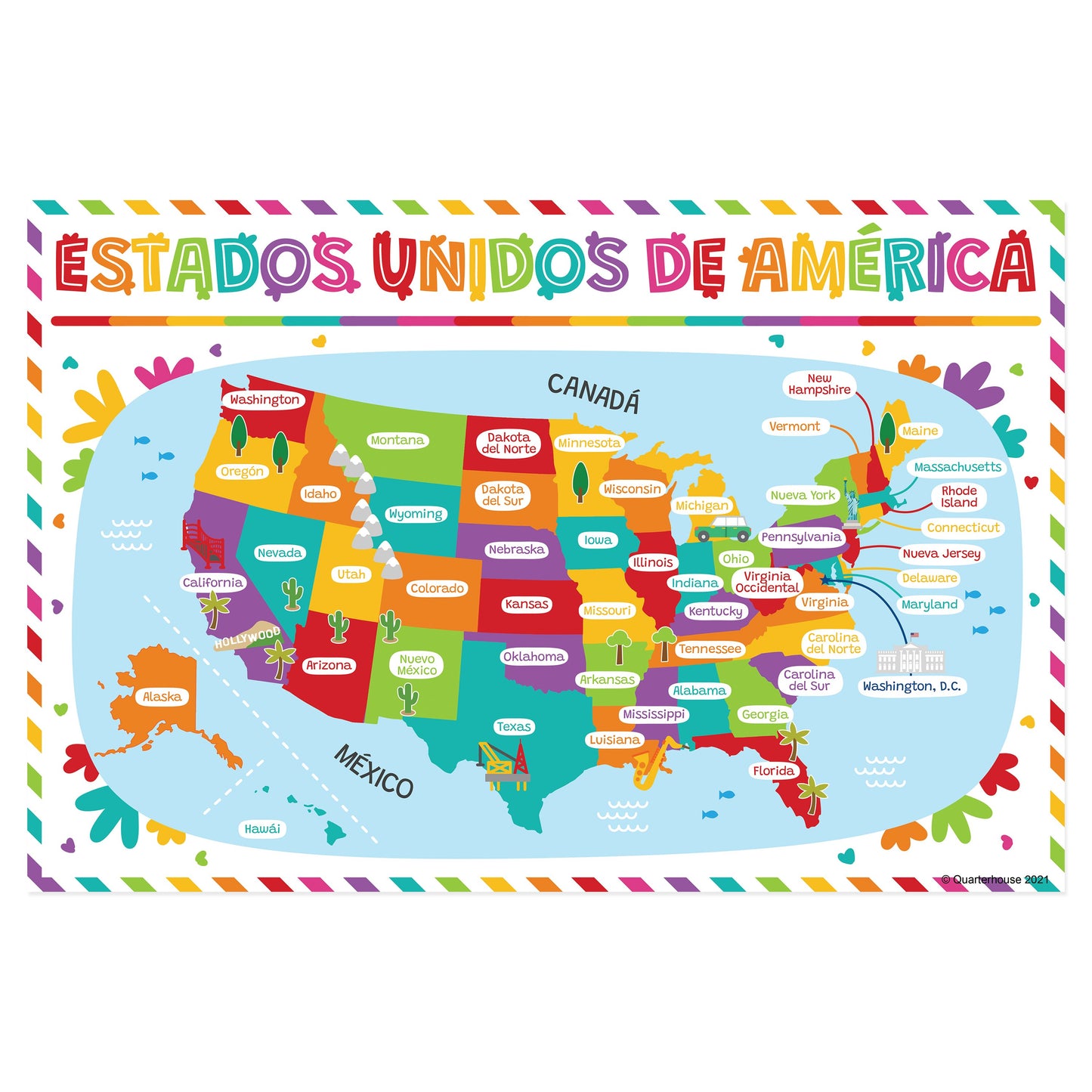 Quarterhouse Beginner Spanish - USA Map Poster, Spanish and ESL Classroom Materials for Teachers