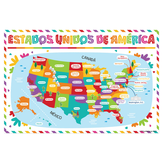 Quarterhouse Beginner Spanish - USA Map Poster, Spanish and ESL Classroom Materials for Teachers