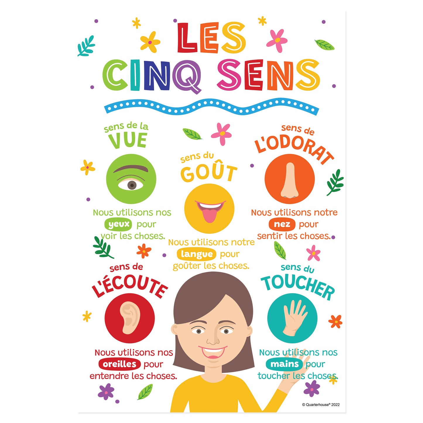 Quarterhouse Beginner French - Five Senses Poster, French and ESL Classroom Materials for Teachers