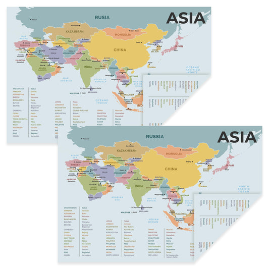 Quarterhouse  English-Spanish Educational Map - Asia (Asia) Poster, Spanish and ESL Classroom Materials for Teachers