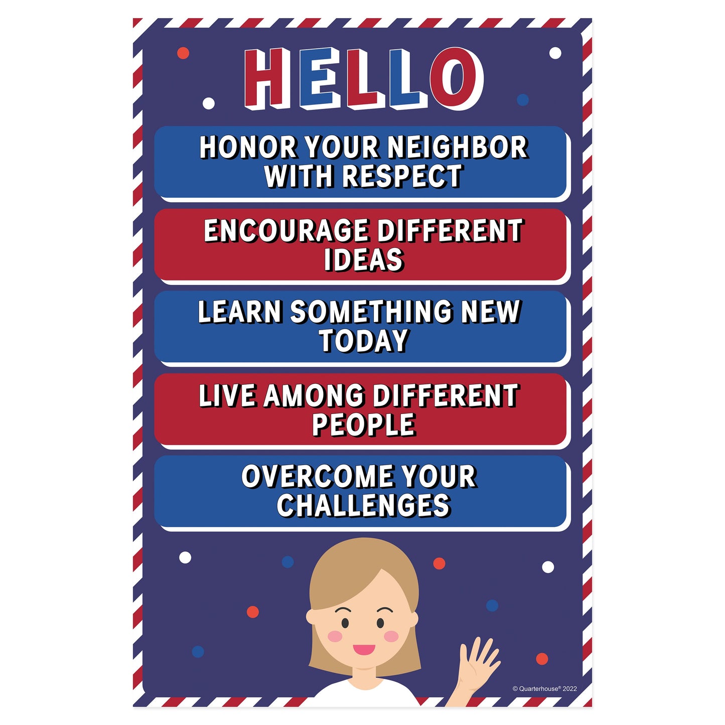 Quarterhouse 'Hello' Motivational Poster, Spanish and ESL Classroom Materials for Teachers