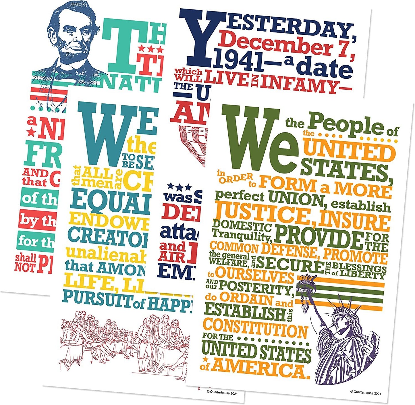 Quarterhouse Famous Speeches and Declarations from U.S. History Poster Set, Social Studies Classroom Learning Materials for K-12 Students and Teachers, Set of 4, 12 x 18 Inches, Extra Durable