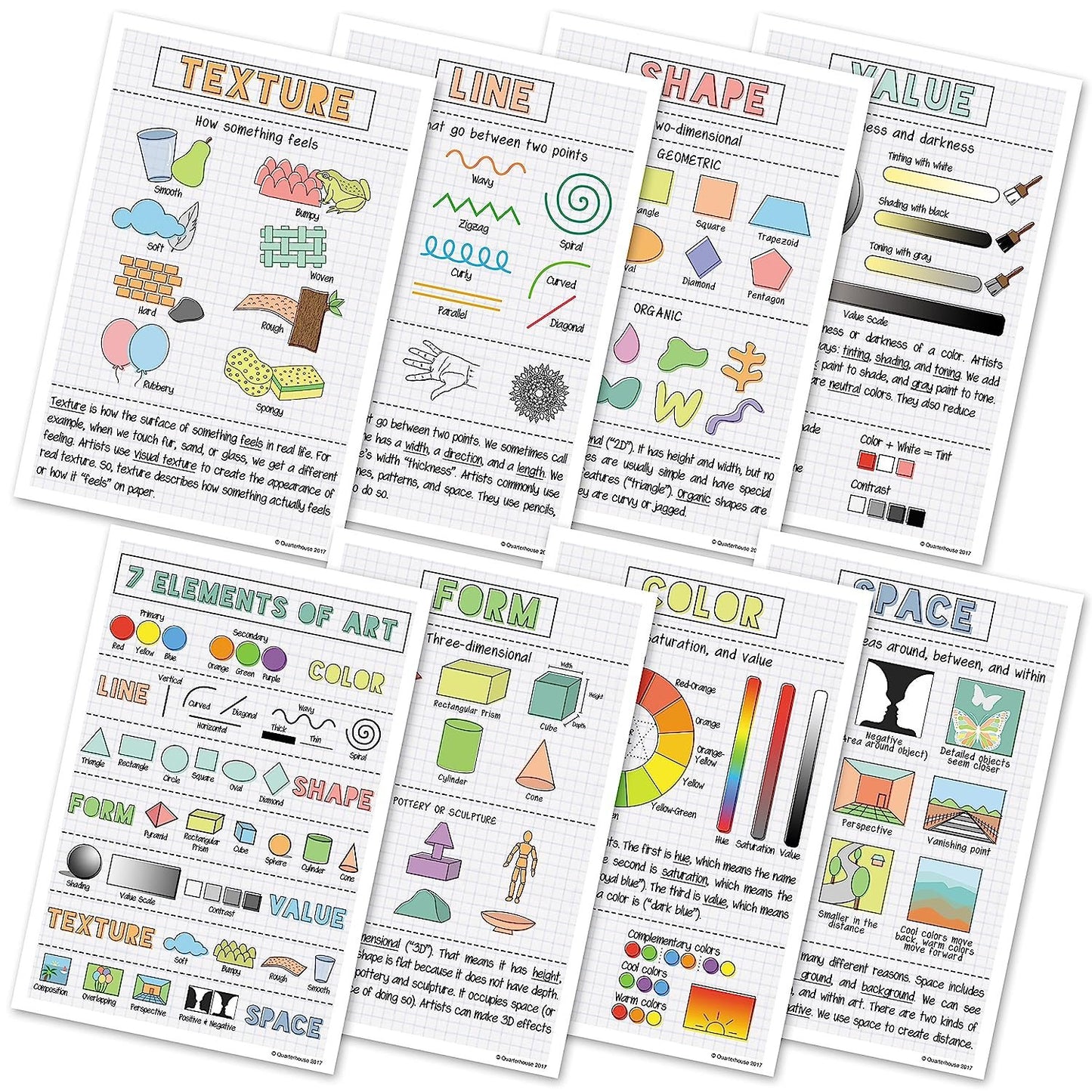 Quarterhouse Elements of Art Poster Set, Art Classroom Learning Materials for K-12 Students and Teachers, Set of 8, 12 x 18 Inches, Extra Durable