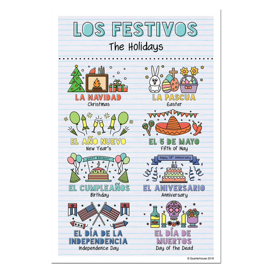 Quarterhouse Spanish Vocabulary - Holidays Poster, Spanish and ESL Classroom Materials for Teachers