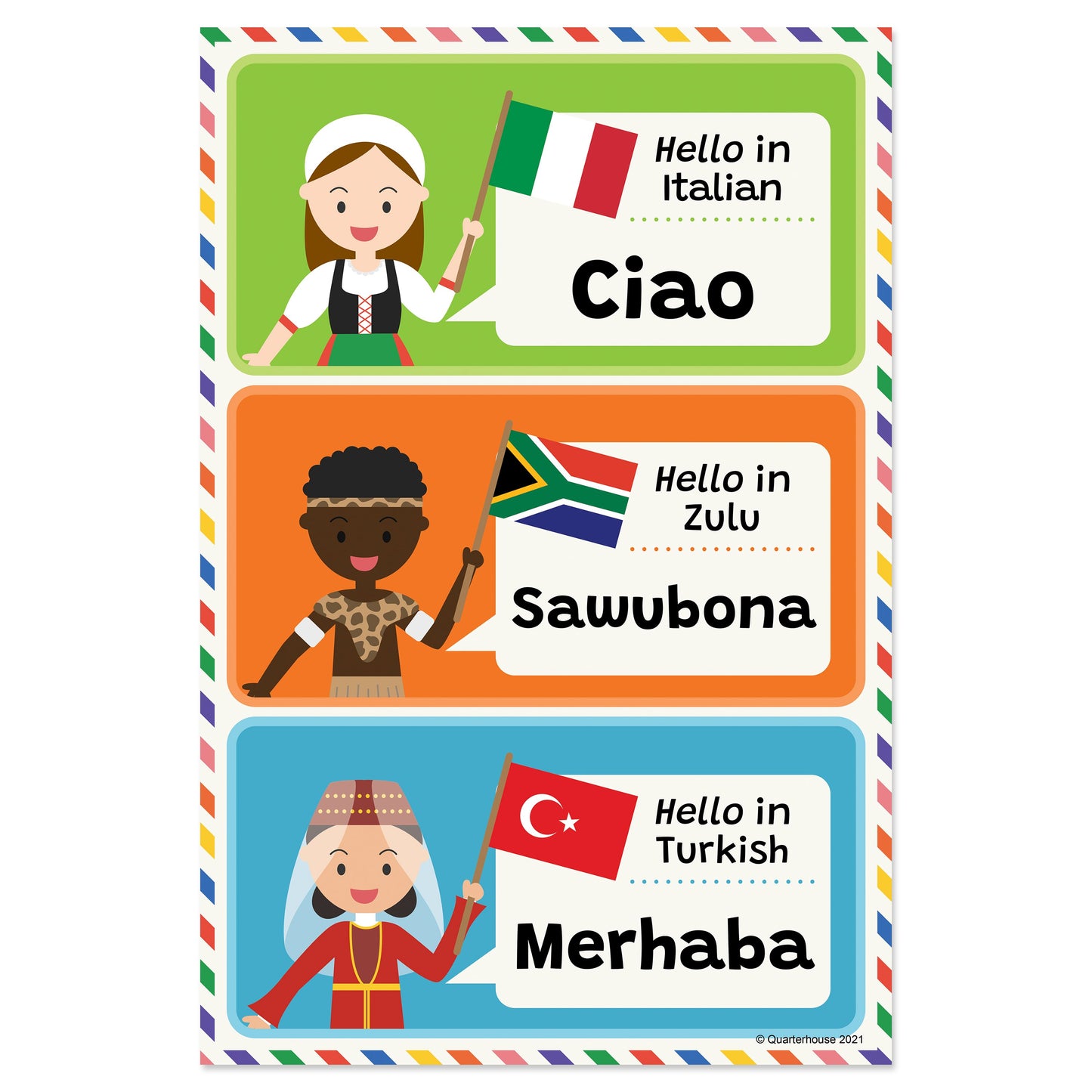 Quarterhouse Hello in Italian, Zulu, and Turkish Poster, Foreign Language Classroom Materials for Teachers
