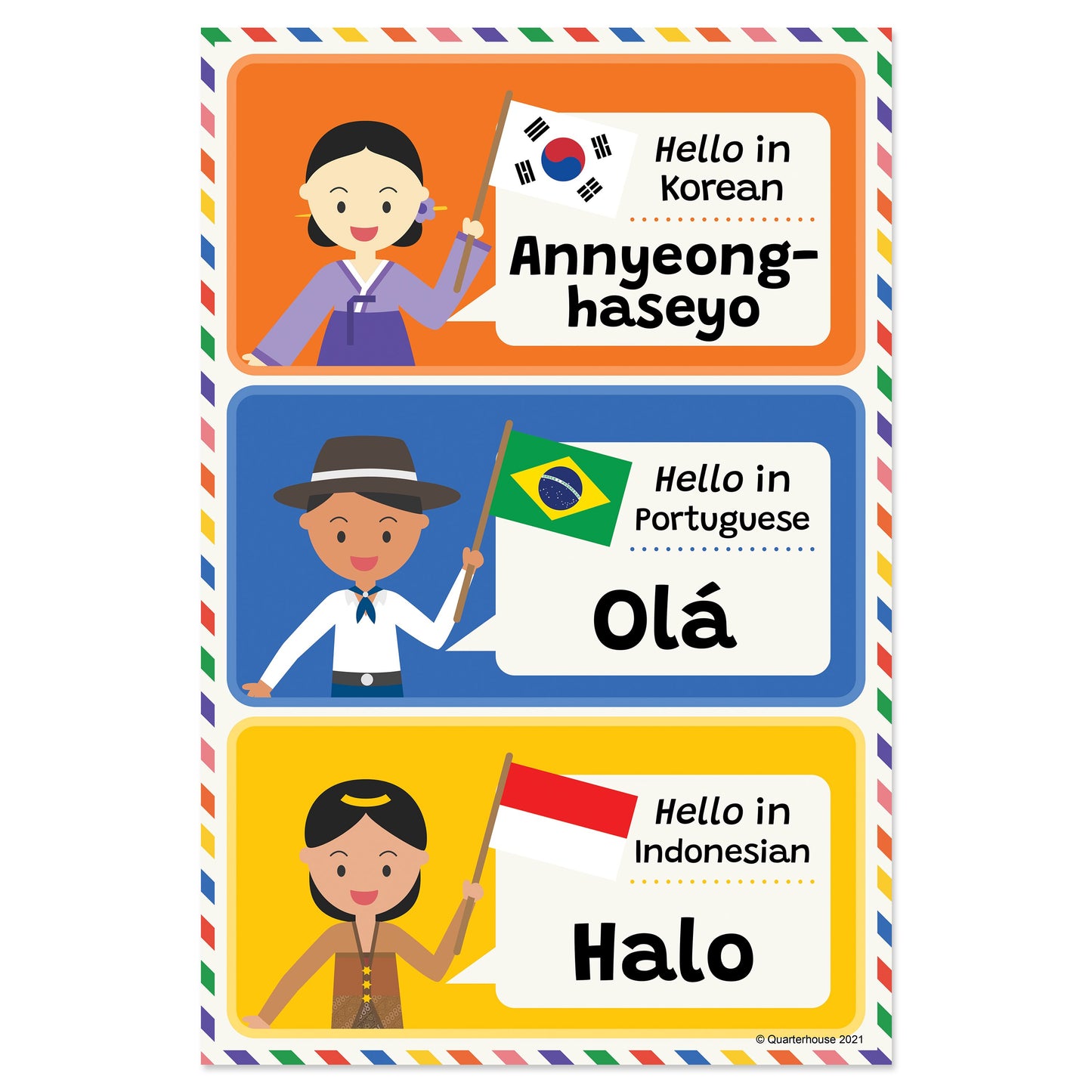 Quarterhouse Hello in Korean, Portuguese, and Indonesian Poster, Foreign Language Classroom Materials for Teachers