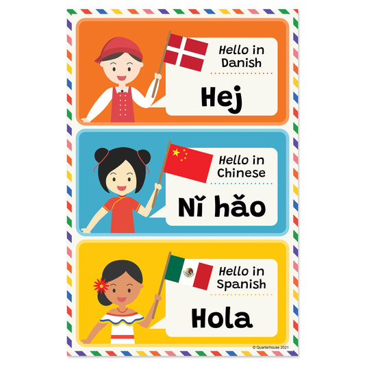 Quarterhouse Hello in Danish, Chinese, and Spanish Poster, Foreign Language Classroom Materials for Teachers