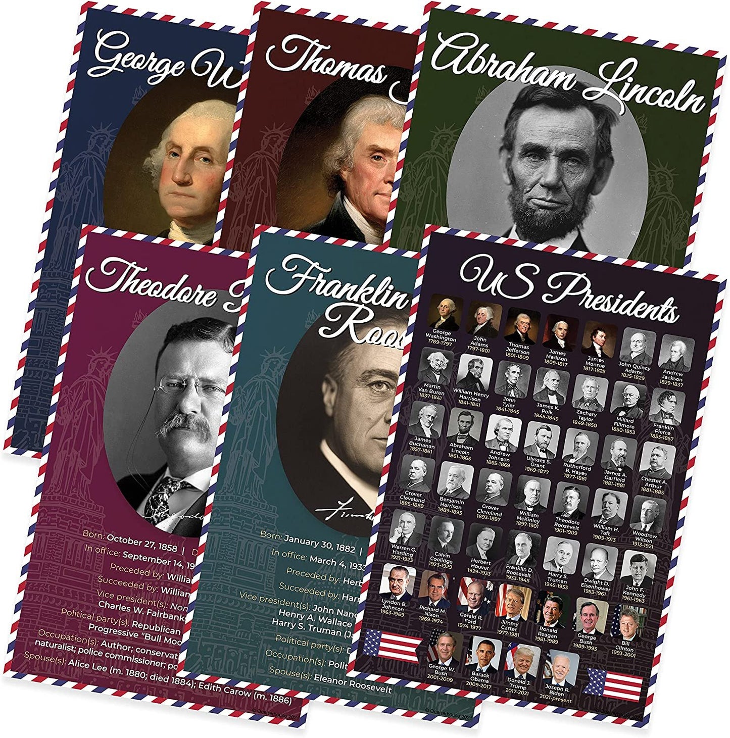 Quarterhouse Most Influential US Presidents Poster Set, Social Studies Classroom Learning Materials for K-12 Students and Teachers, Set of 6, 12 x 18 Inches, Extra Durable