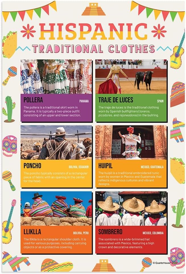 Quarterhouse Hispanic Culture Poster Set, Spanish - ESL Classroom Learning Materials for K-12 Students and Teachers, Set of 8, 12x18, Extra Durable