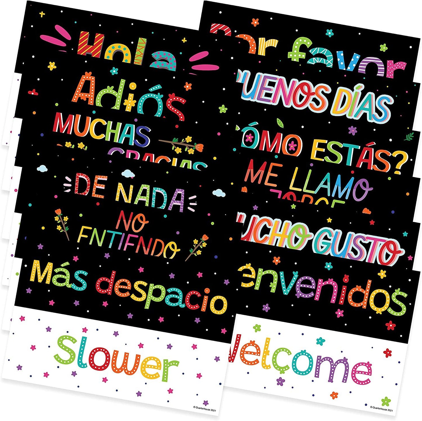 Quarterhouse Spanish Words and Phrases Poster Set, Spanish - ESL Classroom Learning Materials for K-12 Students and Teachers, Set of 12, 12 x 18 Inches, Extra Durable