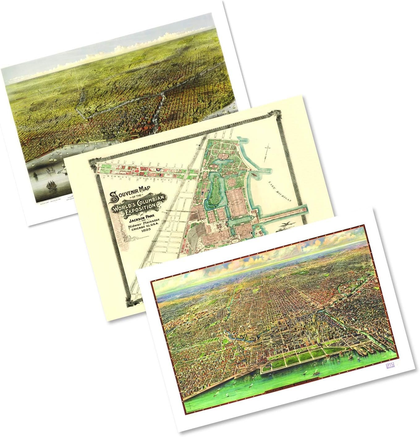 Quarterhouse Vintage Chicago Maps (Set A) Poster Set, Social Studies Classroom Learning Materials for K-12 Students and Teachers, Set of 3, 12 x 18 Inches, Extra Durable