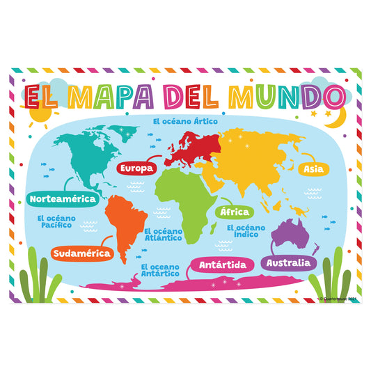 Quarterhouse Beginner Spanish - World Map Poster, Spanish and ESL Classroom Materials for Teachers