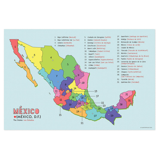 Quarterhouse Spanish Language Country Maps - Mexican States and State Capitals Poster, Spanish and ESL Classroom Materials for Teachers