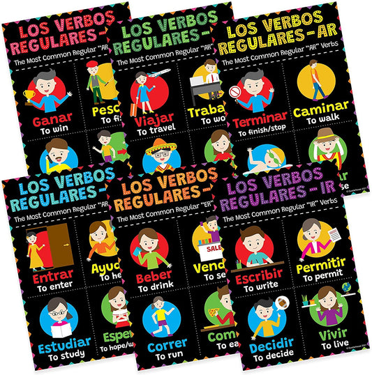 Quarterhouse Spanish Most Common Regular -Ar, -Er, and -Ir Verbs Poster Set, Spanish - ESL Classroom Learning Materials for K-12 Students and Teachers, Set of 6, 12 x 18 Inches, Extra Durable