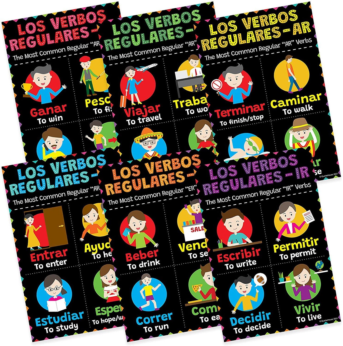 Quarterhouse Spanish Most Common Regular -Ar, -Er, and -Ir Verbs Poster Set, Spanish - ESL Classroom Learning Materials for K-12 Students and Teachers, Set of 6, 12 x 18 Inches, Extra Durable