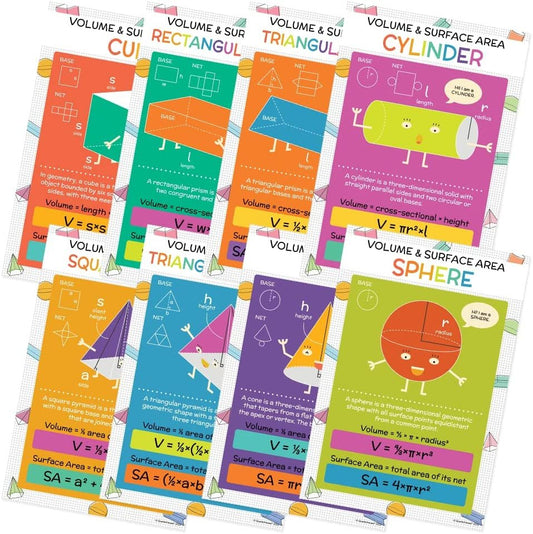 Quarterhouse Volume and Area Poster Set, Math Classroom Learning Materials for K-12 Students and Teachers, Set of 8, 12 x 18 Inches, Extra Durable