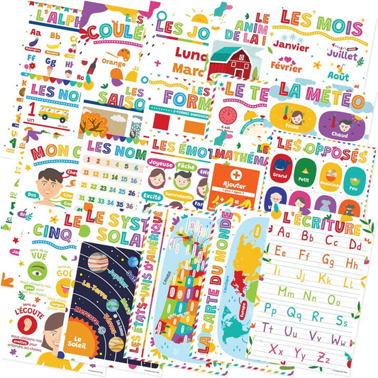 Quarterhouse Extreme Value 20 Large English-French Educational Poster Set, French Classroom Learning Materials for K-12 Students and Teachers, Double-Sided, Set of 20, 12 x 18 Inches, Extra Durable