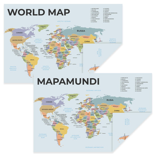Quarterhouse English-Spanish Educational Map - World (Mapamundi) Poster, Spanish and ESL Classroom Materials for Teachers