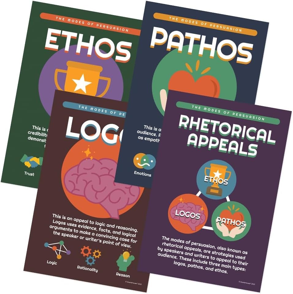 Quarterhouse Logos, Pathos, Ethos Poster Set, English-Language Arts Classroom Learning Materials for K-12 Students and Teachers, Set of 4, 12x18, Extra Durable