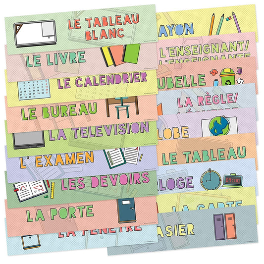 Quarterhouse French Language Labels for Common Classroom Items (Non-Adhesive) Label Set, French - ESL Learning Materials for K-12 Students and Teachers, Set of 18, 12 x 3 Inches, Extra Durable