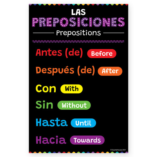 Quarterhouse Spanish Prepositions (6 of 6) Poster, Spanish and ESL Classroom Materials for Teachers