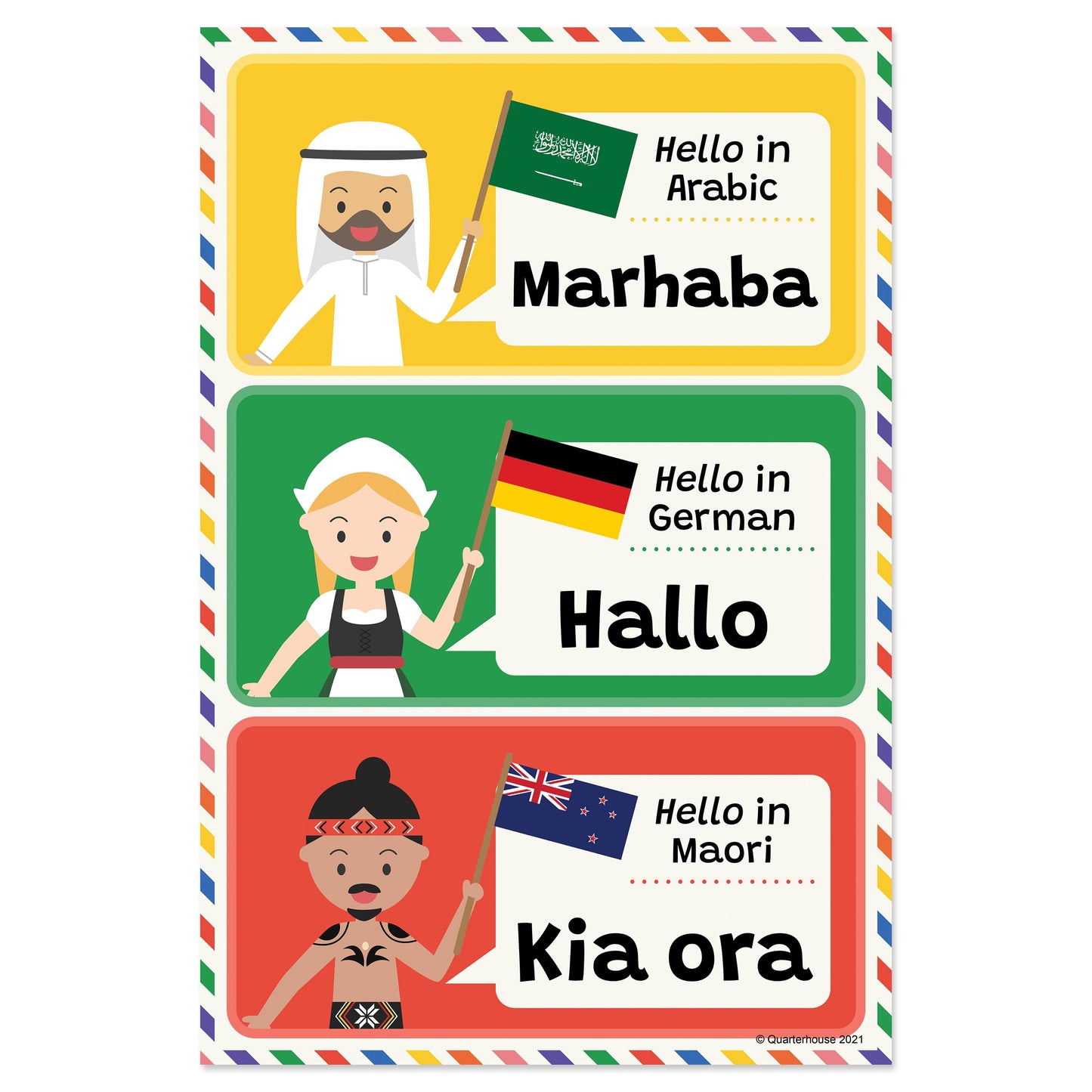 Quarterhouse Hello in Arabic, German, and Maori Poster, Foreign Language Classroom Materials for Teachers
