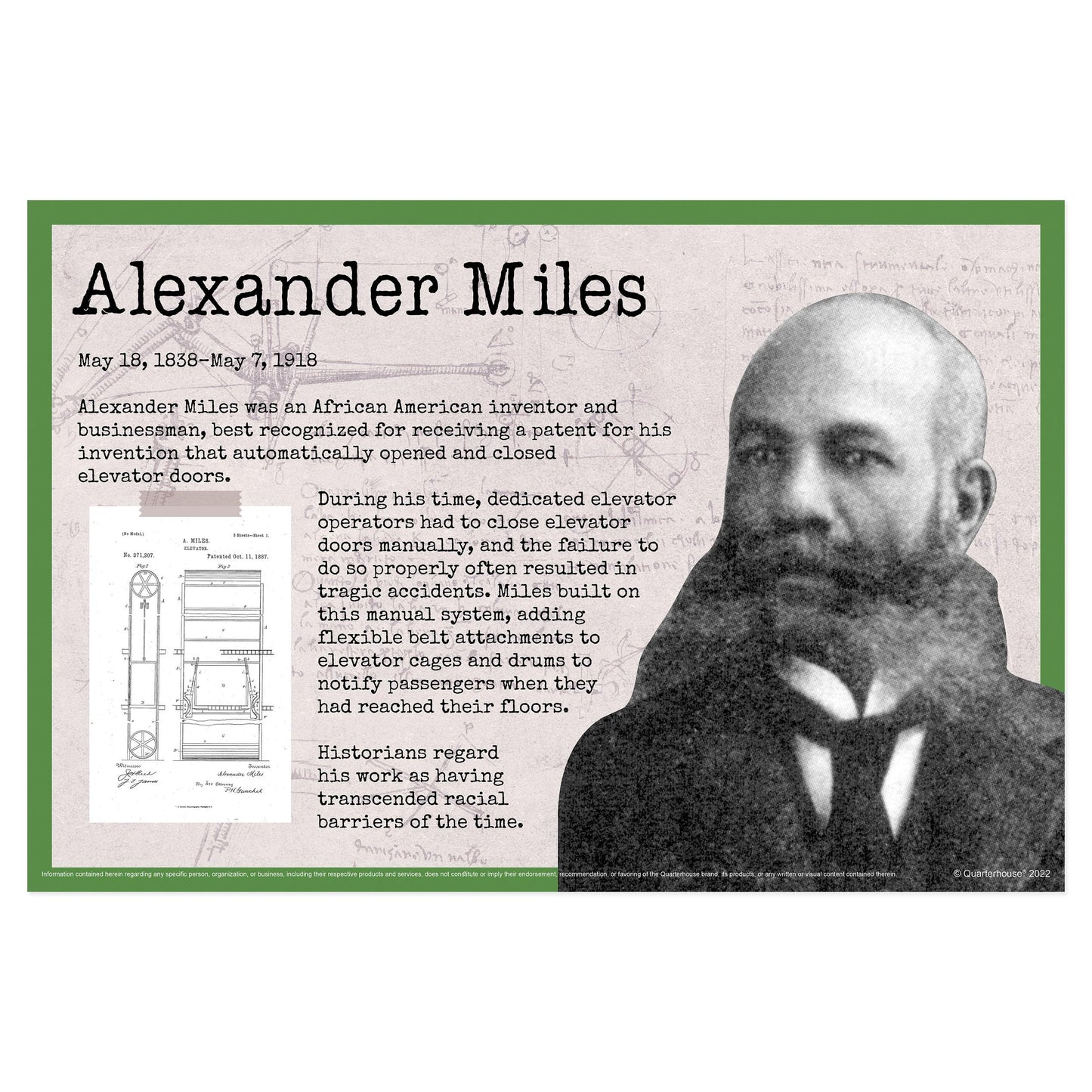 Quarterhouse Black Inventors - Alexander Miles Biographical Poster, STEM and History Classroom Materials for Teachers